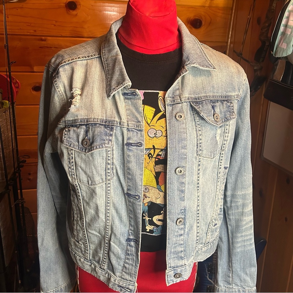 Arizona Jean Co Y2K Distressed Light Wash Denim Jacket Women's Size XL